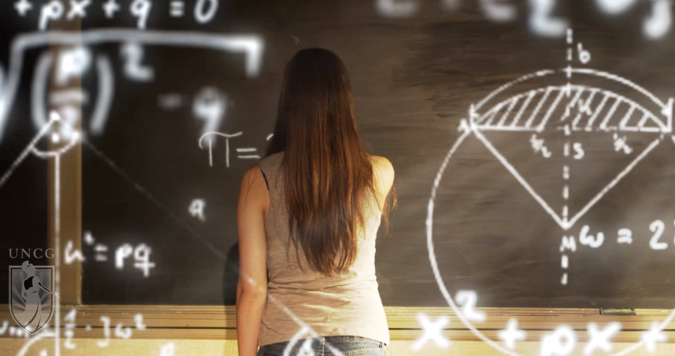 Student at a chalkboard with formulas